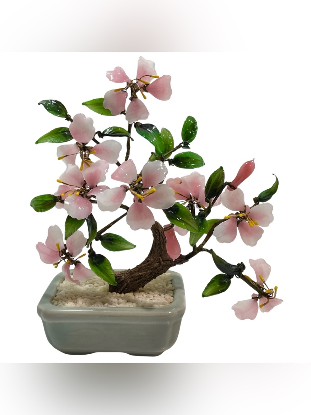 Vintage 1980s Glass Bonsai Tree 7"x8" Faux Flowering Pink Glass Sakura Flowers